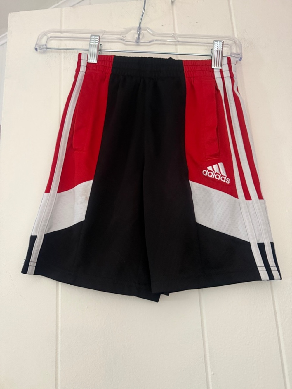 adidas Red Black White Athletic Shorts with Stripe Detail